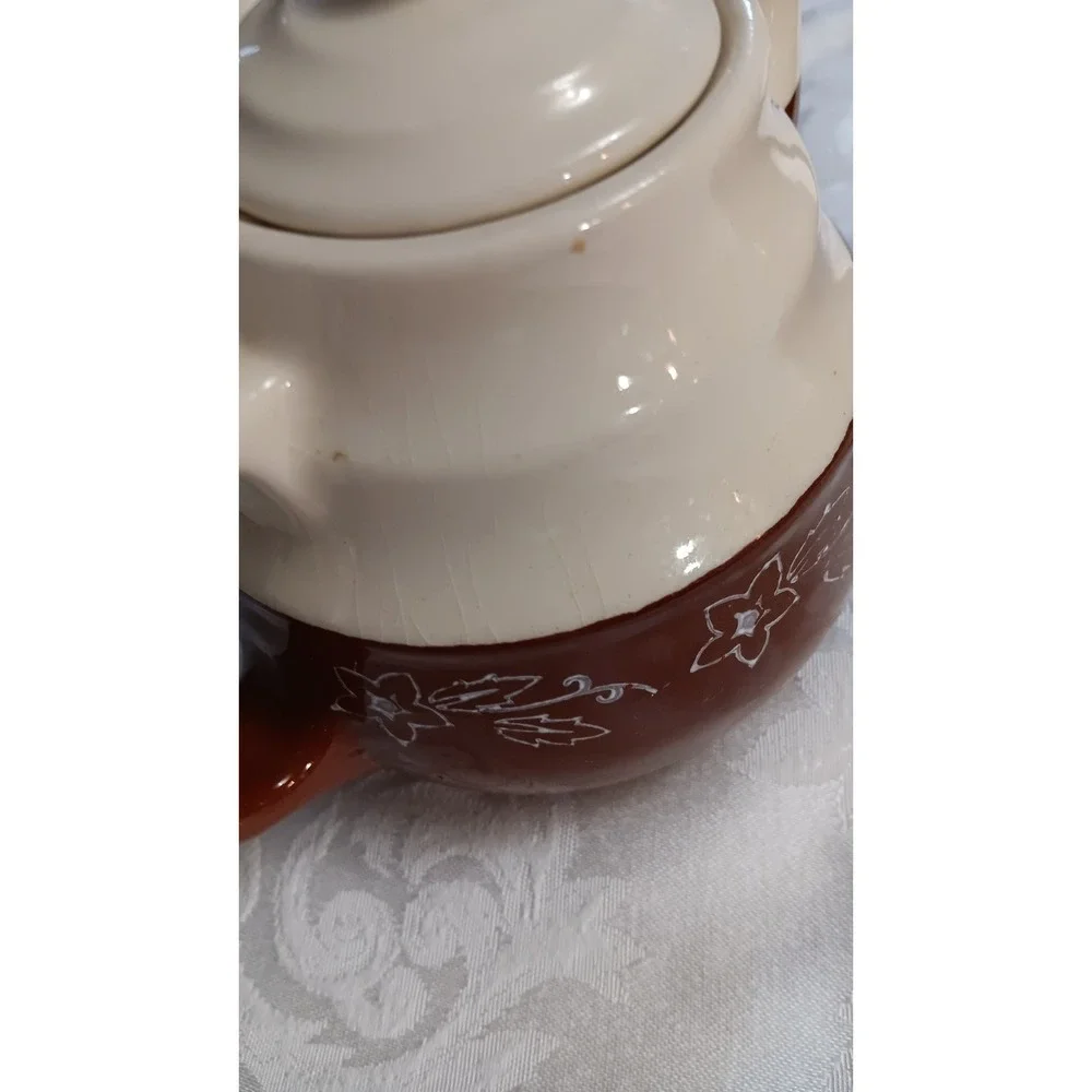 Vintage Oxford Stoneware Snow Flower Teapot And Pitcher USA Brown Cream READ